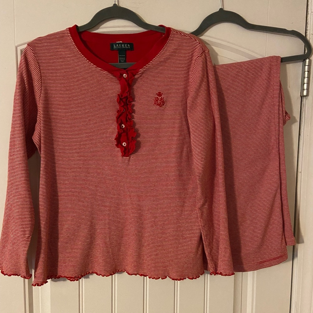 Women’s Ralph Lauren Red and White Striped Pajama Set L